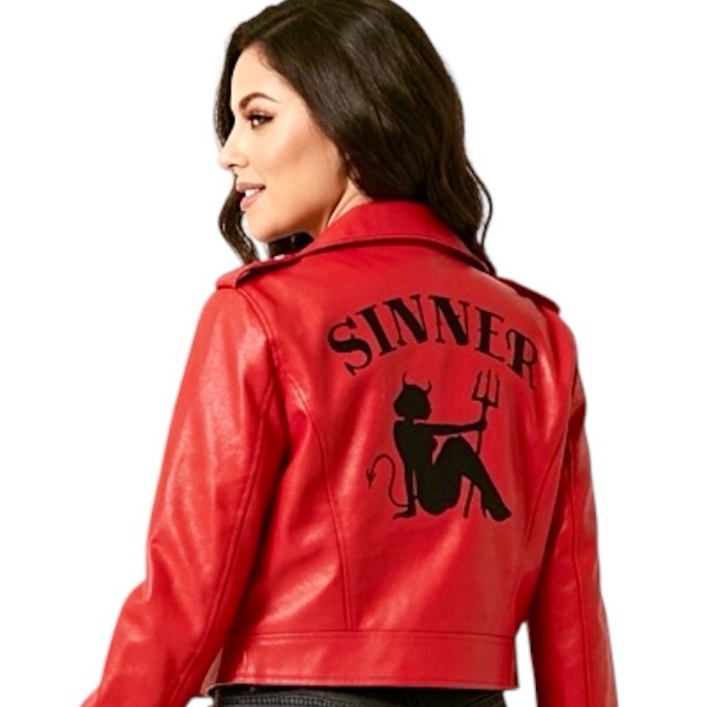 Current Mood Born Sinner Moto Jacket red & black faux Leather small NWT - Picture 4 of 16